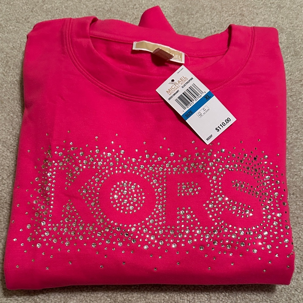 Michael Kors Hot Electric Pink Rhinestone KORS Sweatshirt NWT size XL